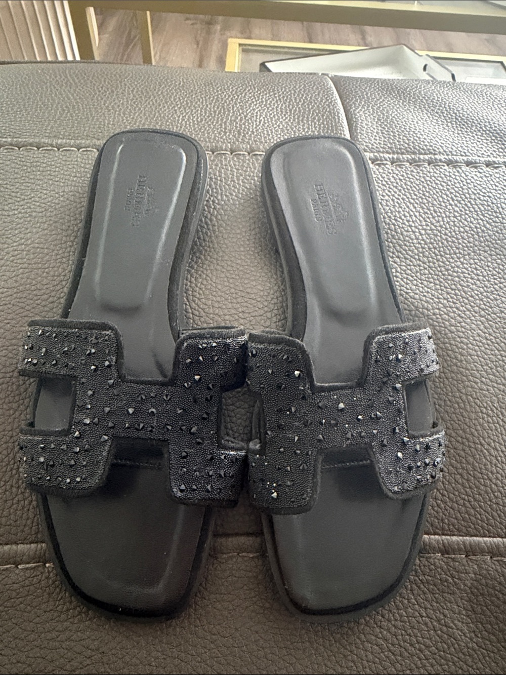 Hermes Black Studded H Slide Sandals